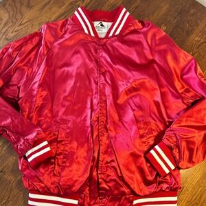 Augusta Sportswear Red Satin Bomber Jacket Mens Large Snap Front Varsity Striped